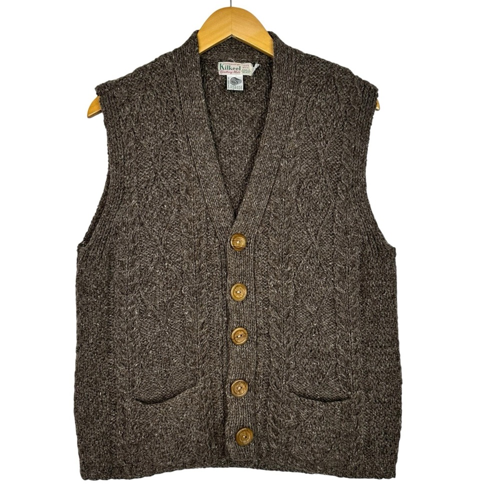 Vintage Kilkeel Irish Wool Cable Knit Sweater Vest Mens 42 Brown Button Front
